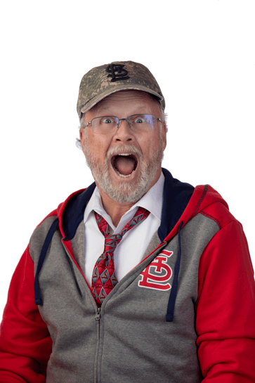 Kevin clowning around in his St. Louis Cardinals cap, tie, and zip-up hoody